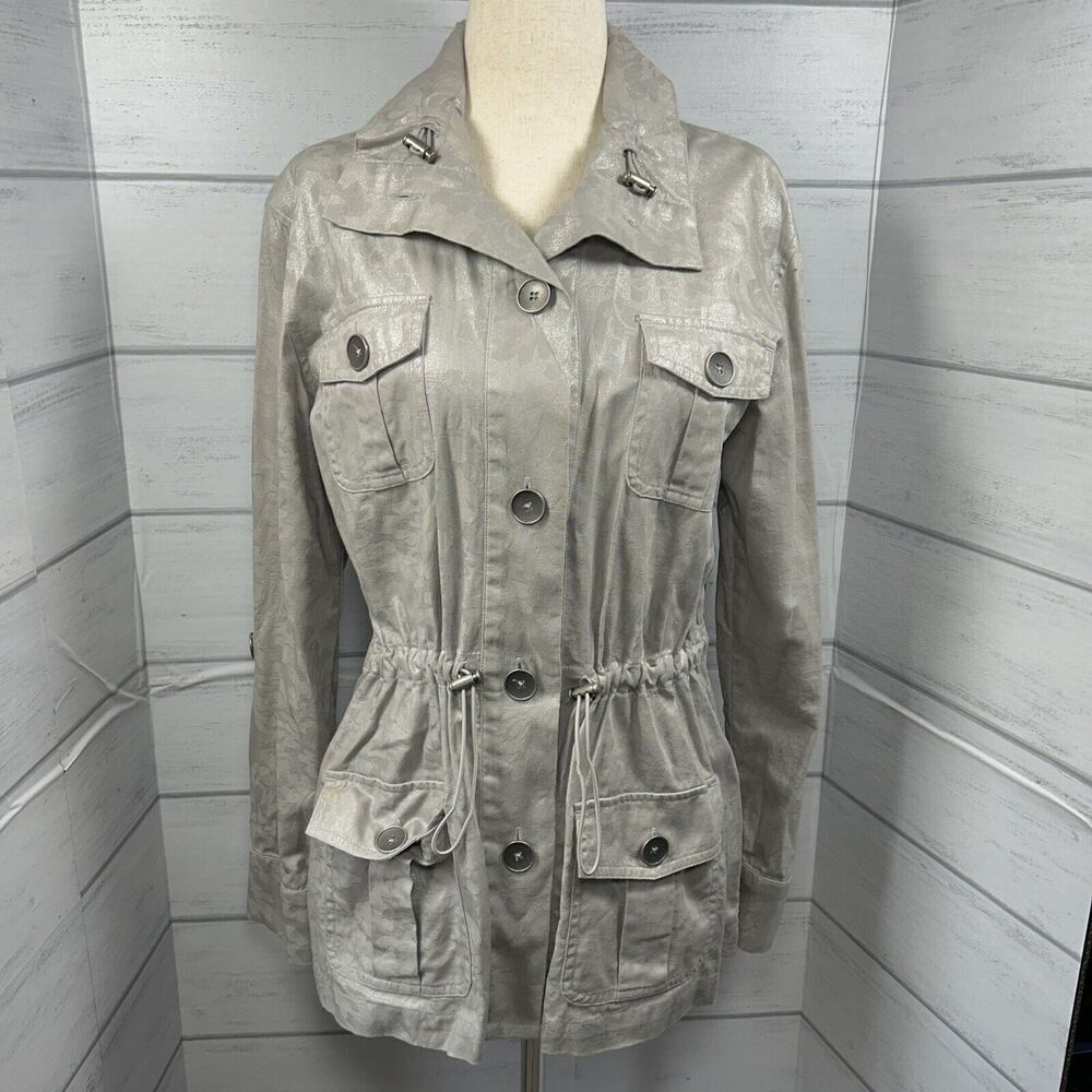 Chico's Ginette Women's Delicate Shimmer Utility Jacket 3/4 Sleeve Silver Size 1